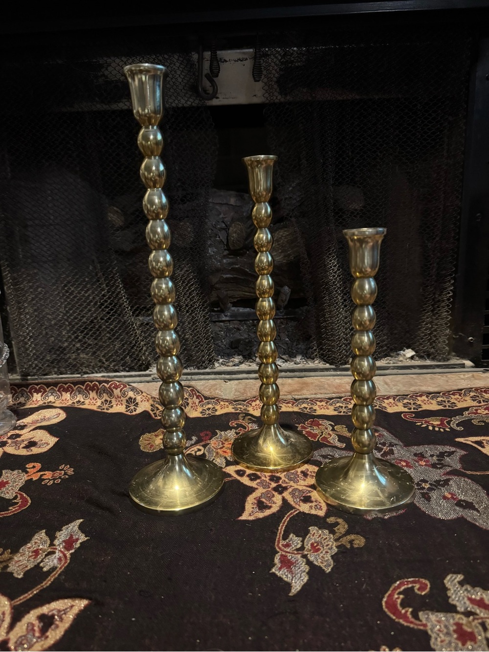 Brass Bead-Stack Candle Holders - Set of 3